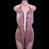 Sparkly Rhinestones Fringes Leotard Sexy Tassel Bodysuit Jazz Dance Costume One-piece Stage Wear Dancer Performance Show