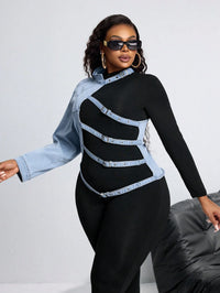 Plus Size Women's Asymmetrical Denim-Trimmed Long Sleeve Top with Belted Straps