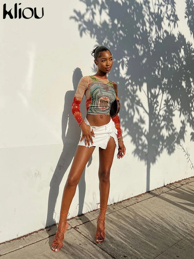 Kliou Mesh Dollar Print Classic T-Shirt Women Casual Aesthetic O-neck Long Sleeve Skinny Tops Hipster Female Gorgeous Attirewear