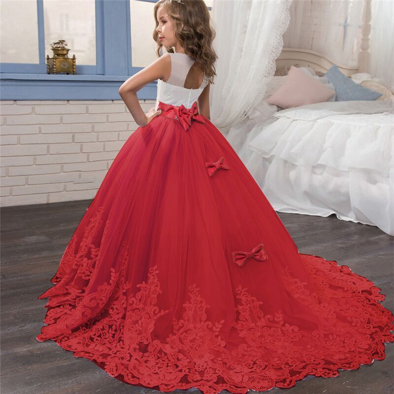 Girls Christmas Dress Formal Sleeveless Girls Party Dresses Back Hallow Out Kids Ball Gown Flower Bowknot Girl Princess Dress