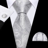 Barry.Wang Black White Gray Silver Men Tie Handkerchief Cufflinks Set Jacquard Necktie for Male Wedding Business Party Gift