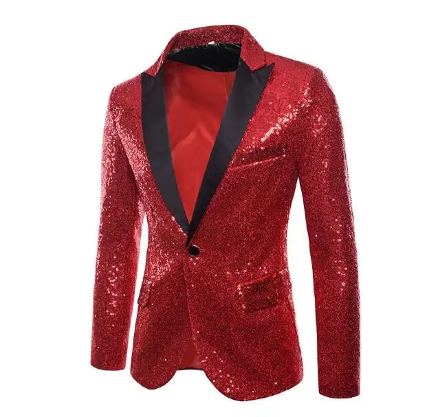 Shiny Sequin Men's Suit Jacket, Stage Performance Coat, White Silver Blue Red Purple Blazers V-neck Single Button S M L XL XXL