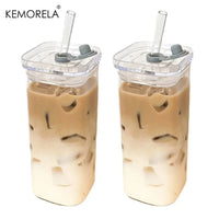 1/2/4/6Pc Square Heat Resistant Coffee Glass Cup With Lid and Straw Transparent Milk Tea Juice Coffee Mug For Home Bar Drinkware