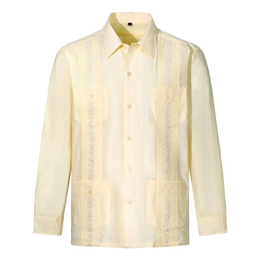2026 New Men's Guayabera Shirts Four Pockets Embroidered Long Sleeve Shirts for Men Blue Mexican Cuban Button Dress Shirt