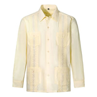 2026 New Men's Guayabera Shirts Four Pockets Embroidered Long Sleeve Shirts for Men Blue Mexican Cuban Button Dress Shirt