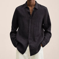 Men's Simple Linen Shirt Spring Autumn New Solid Color Lapel Buttons Loose Long Sleeve Shirt