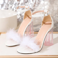 Liyke 2024 New Fashion Fluffy Feather Women's Sandals Transparent Strange High Heels Elegant Ladies Wedding Banquet Shoes Pumps