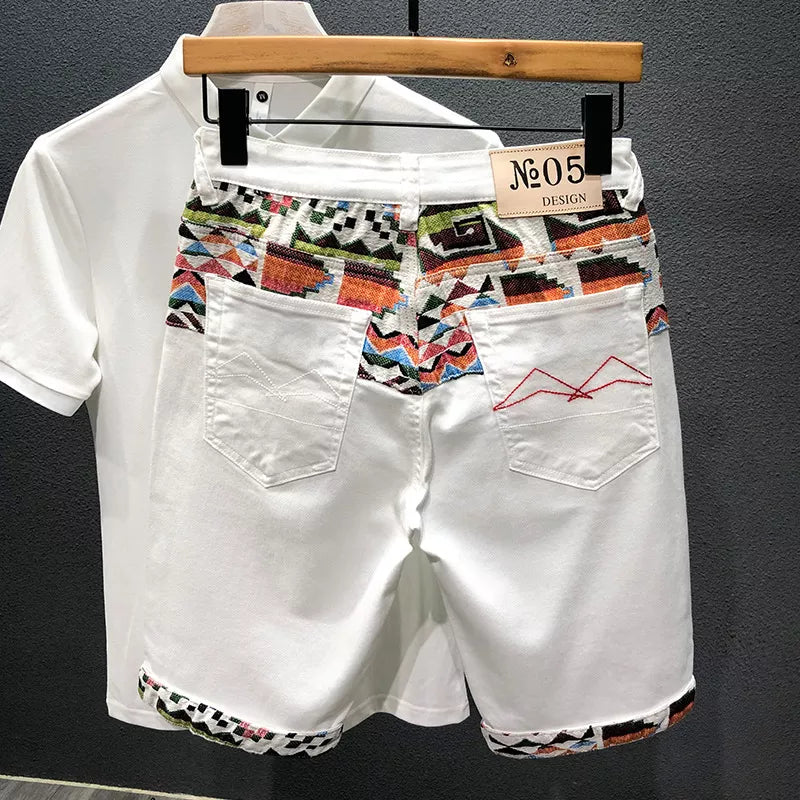 Summer New Denim Shorts Men's Stitching Embroidery Ripped Knee-length Shorts White Black Retro Blue Fashion High Quality Jeans