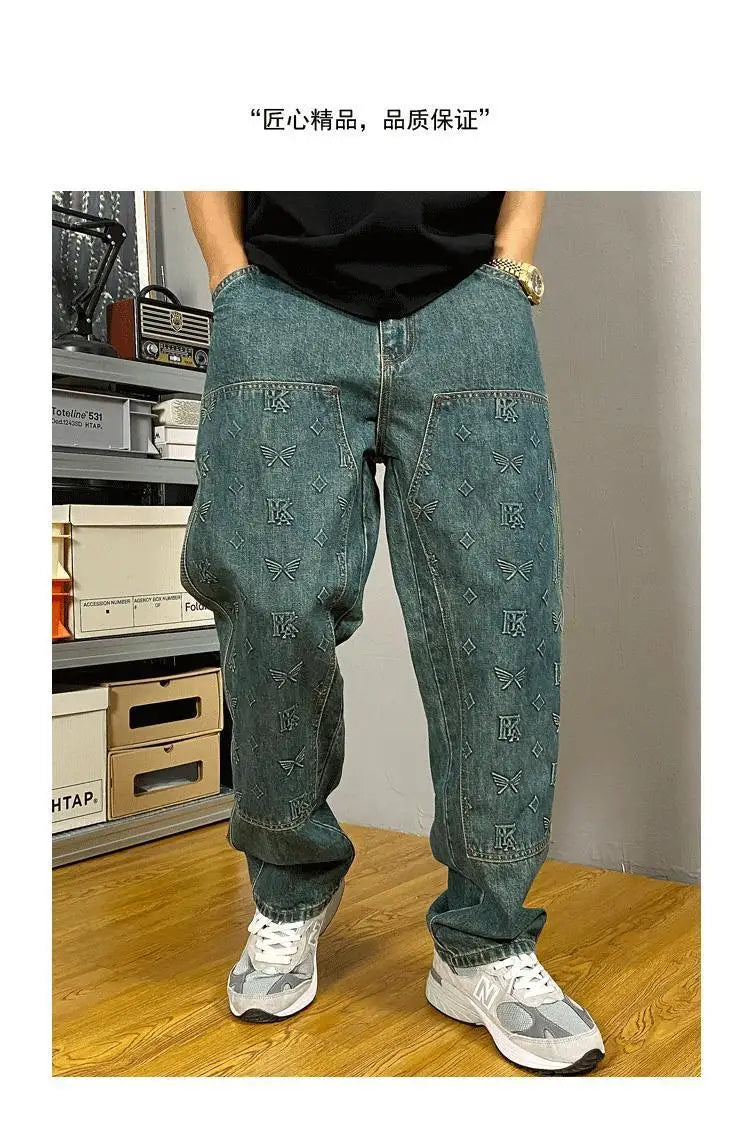 Embossed Trendy Workwear Jeans Men's Loose Straight Leg Retro Washed Trendy Casual Pants