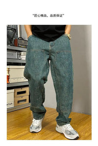 Embossed Trendy Workwear Jeans Men's Loose Straight Leg Retro Washed Trendy Casual Pants
