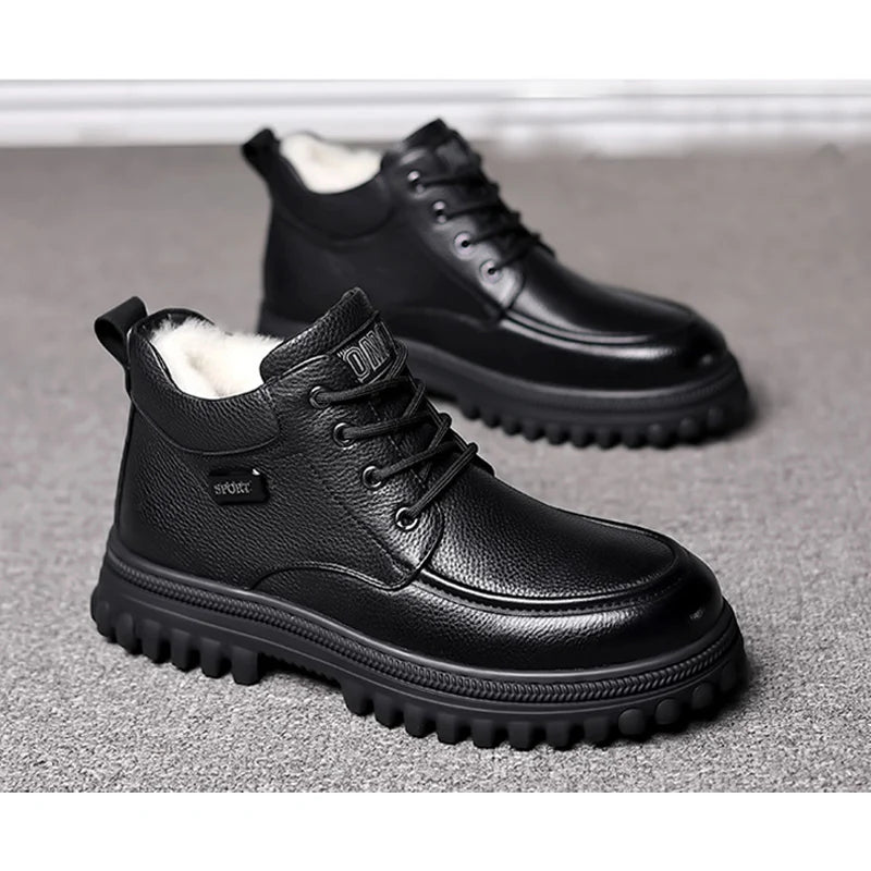 2025 Winter Shoes Mens Snow Boots Warm Plush Cold Winter Fashion Brand Male Footwear Non-slip Flat Ankle Boots Black D591