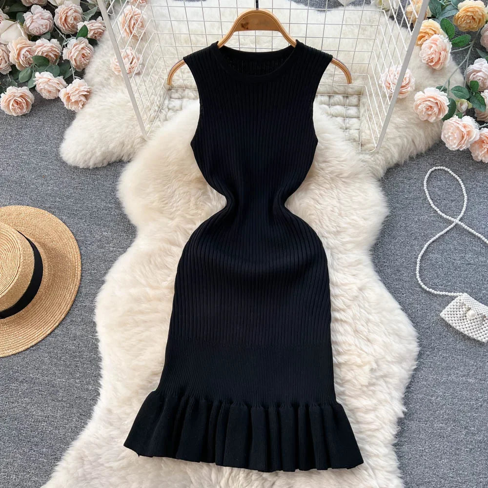 Summer Knitted Bodycon Sexy Dress 2026 O Neck Sleeveless Ruffled Party Sundress High Street Elastic Slim Short Dress