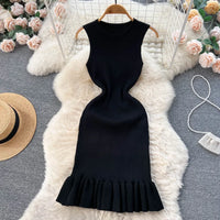 Summer Knitted Bodycon Sexy Dress 2026 O Neck Sleeveless Ruffled Party Sundress High Street Elastic Slim Short Dress