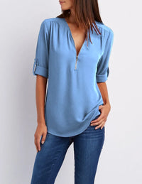 2025 Hot Sale Women Cool Loose Shirt Deep V Neck Chiffon Fashion Blouse Casual Ladies Tops Sexy Zipper Pullover Plus Size