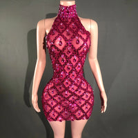 Sparkly Rhinestones Short Dress for Women Sexy Mesh Transparent Celebrate Evening Prom Event Birthday Dress Photo Shoot Wear