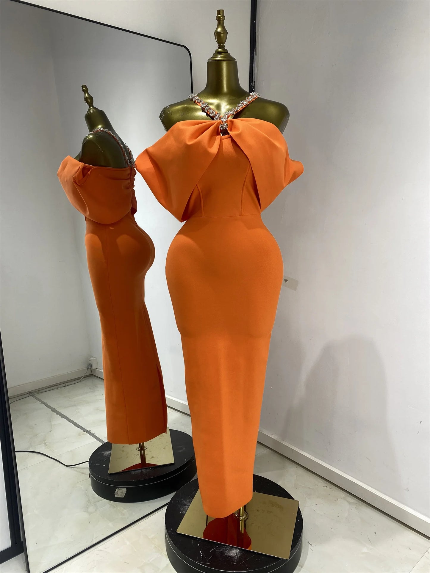 Women Luxury Orange Crystal Halter Off Shoulder Long Bandage Dress One Piece Celebrity Evening Club Party Dresses Wholesale