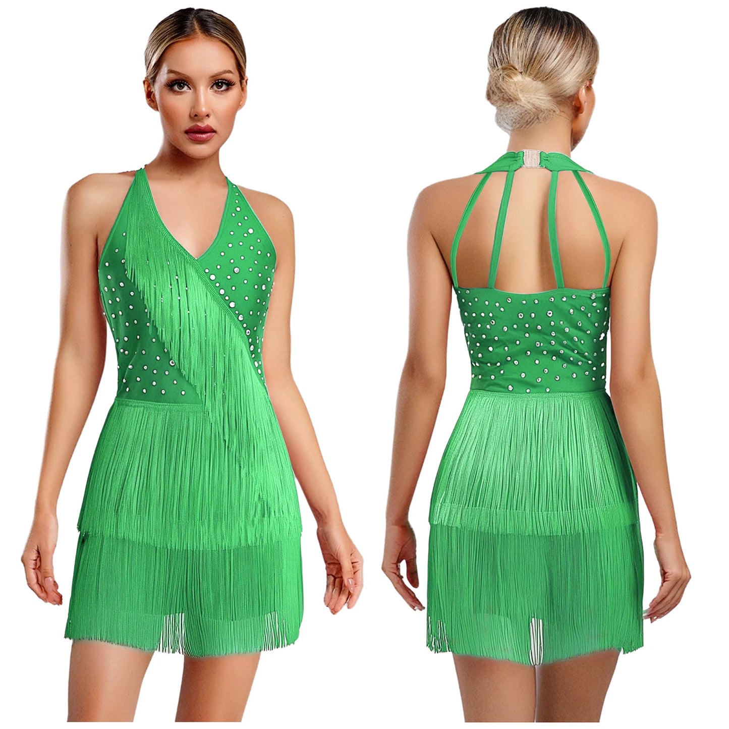 Women Rhinestones Latin Dance Costume Tassel Gymnastics Leotard Bodysuit Ballet Tango Salsa Jazz Performance Fringed Jumpsuits