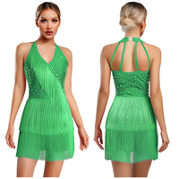 Women Rhinestones Latin Dance Costume Tassel Gymnastics Leotard Bodysuit Ballet Tango Salsa Jazz Performance Fringed Jumpsuits