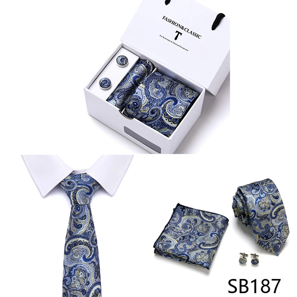 High Quality 7.5 cm Stripe Blue Tie Pocket Square Cufflinks Set For Men Gift Box Wedding Gravatas Fit Workplace