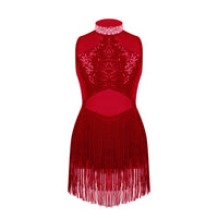 Girls Shiny Rhinestone Jazz Ballet Dance Dress Decorated Collar Sequins Mesh Tassel Hem Dance Leotards Dance Performance Dress