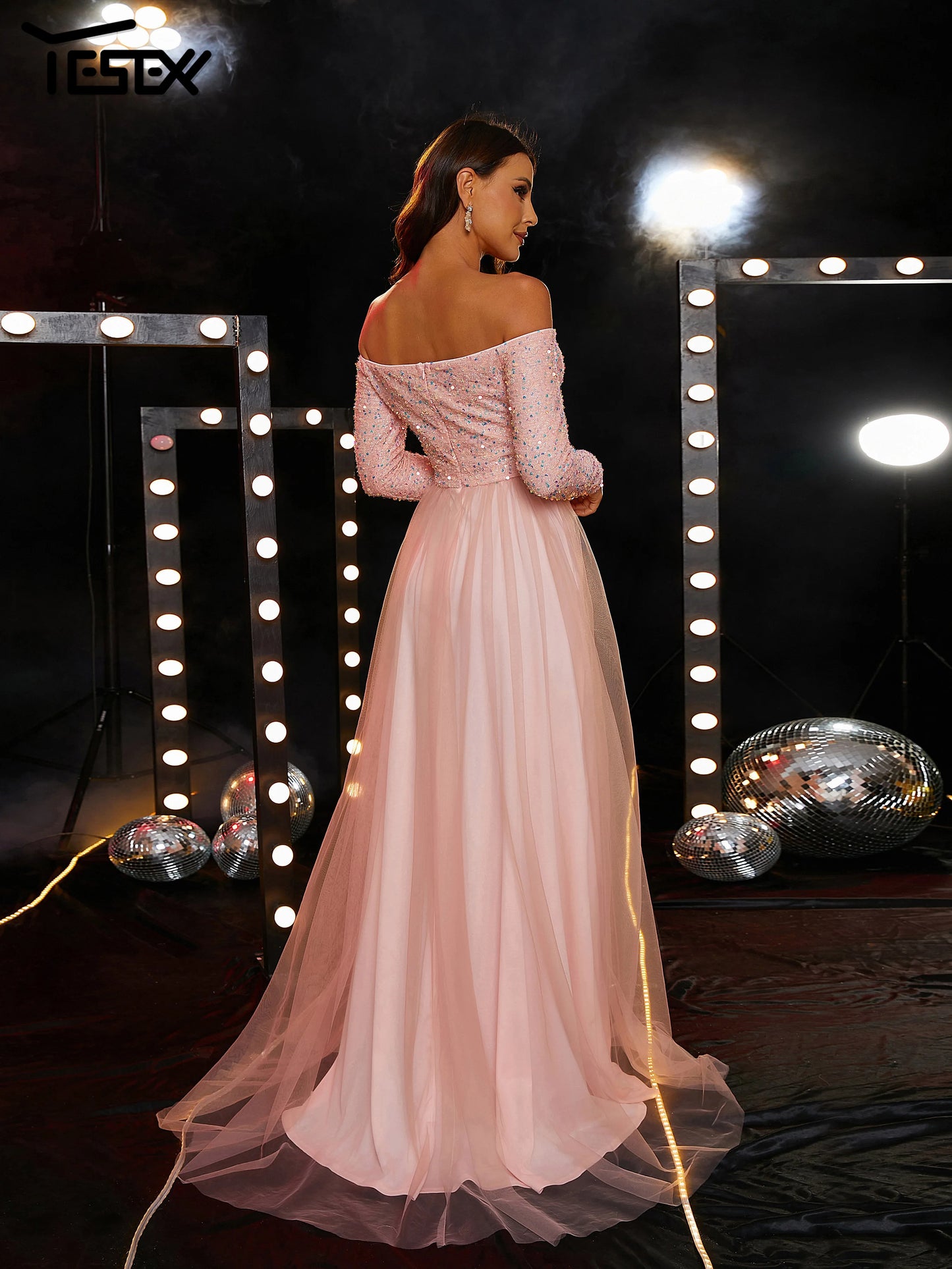 Yesexy New Off Shoulder Pink Sequin Split Mesh Wedding Cocktail Evening Prom Party Formal Occasion Dresses