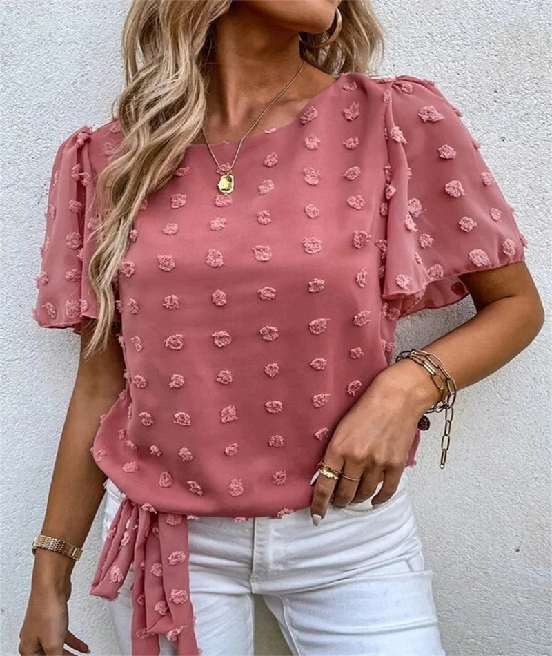 Spring and summer fashion pure color shirt new style woven jacquard ball casual short-sleeved t-shirt