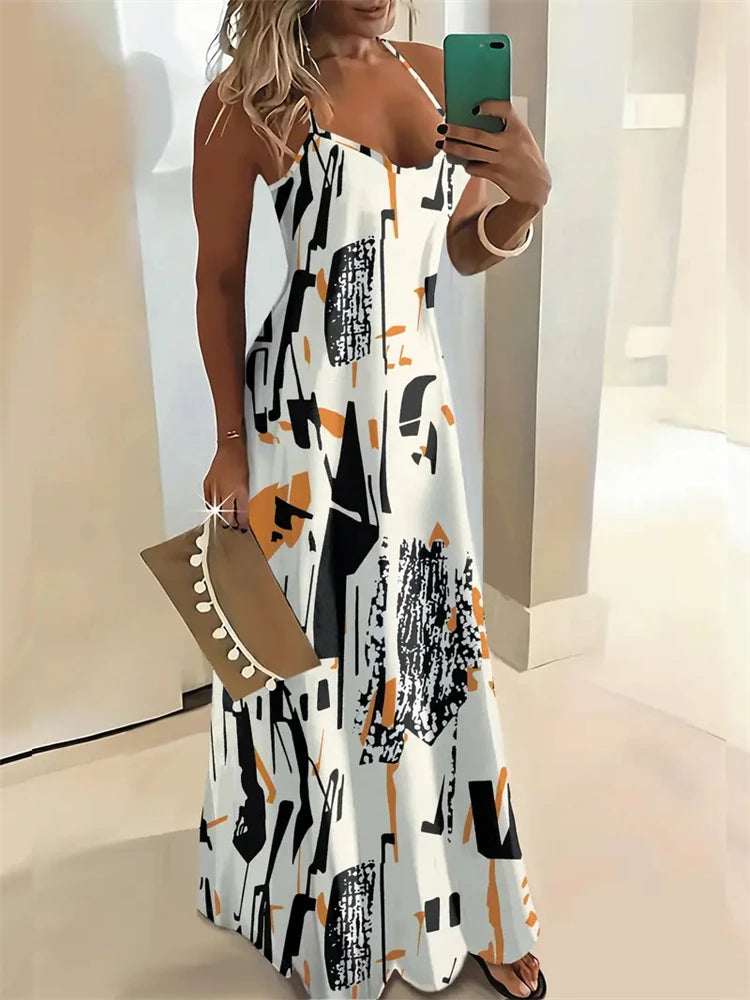 Women's New Fashion Summer Sleeveless Dress Casual Long Retro Strap Dress Street 3D Texture Print Comfortable Breathable Dress