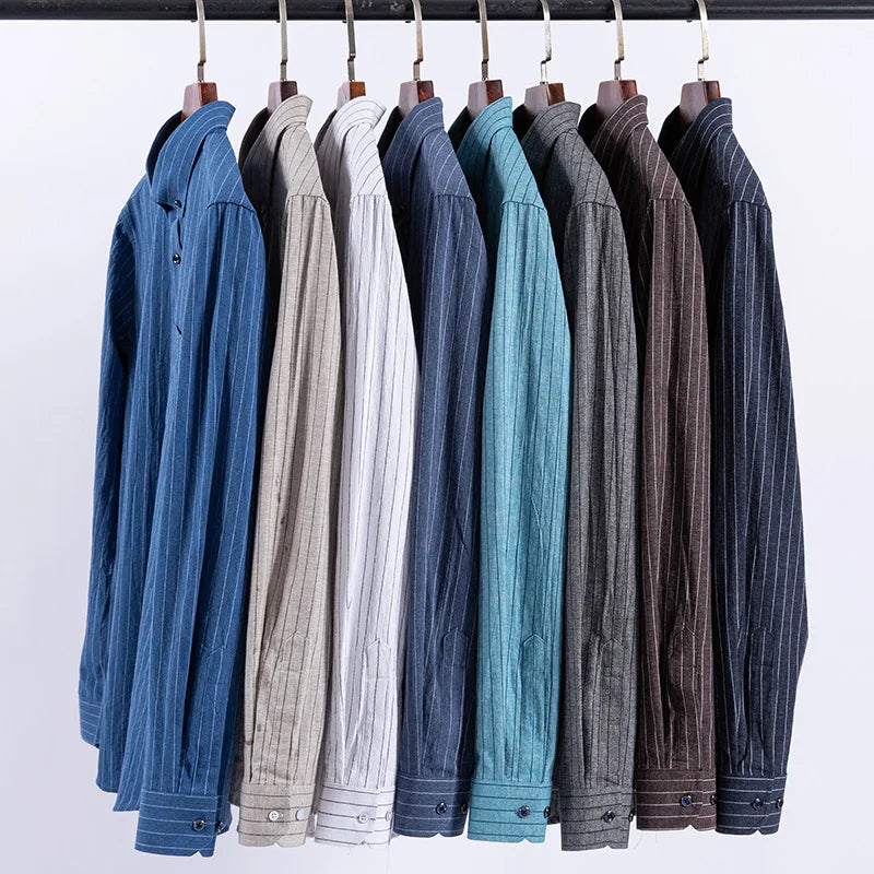 New in shirtplus size 7XL 100%cotton sanding long-sleeve shirts for men slim fit plain shirt striped plaid single pocket clothes