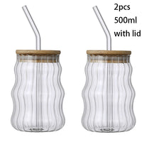 1/2pcs 500ml Glass Tumblers Cups With Straw Mason Jar Clear Juice Coffee Milk Cup With Bamboo Lids Drinkware Stripe Beer Mug