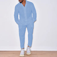 Men's casual cotton and linen suit, fashion comfortable linen solid color stand collar shirt street loose long sleeve two-piece