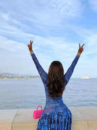 Royal Blue Dress for Women Mid-turtleneck High Waist Transparent  Light Long Dress with Sleeves Streetwear Pleated Maxi Dress