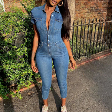 Sexy Denim Jumpsuit Single Buttons Summer Short Sleeve Women Rompers Pocket Bodycon Jeans Overalls Casual Fashion Club Playsuit