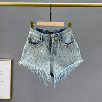 Diamond-Embedded Denim Shorts Women's Fashionable 2023 New Summer High Waist Loose Slimming Raw Hem Wide Legs Short Hot Pants