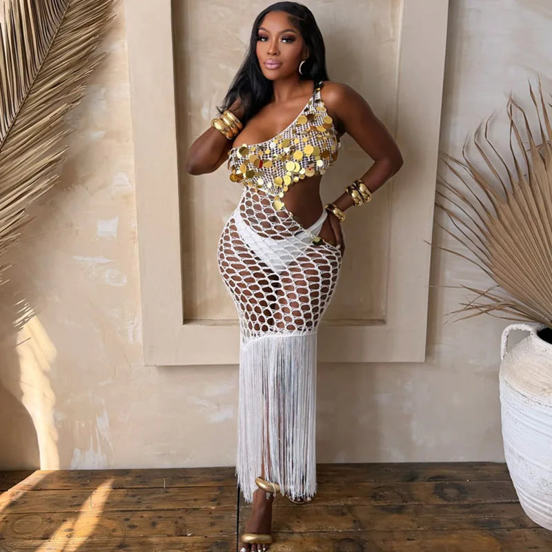 Sexy Fringe Tassel Knit Crochet Cover-up Beach Dress Women See Through Hollow Out Sequined Party Club Bodycon Maxi Dress Holiday