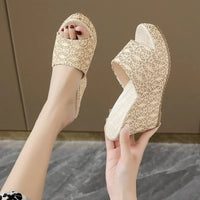 Slippers Women Heeled Sandals Ladies Shoes Heels Platform One Word Slipper Designer Wedge Suede Large Size Waterproof Summer New