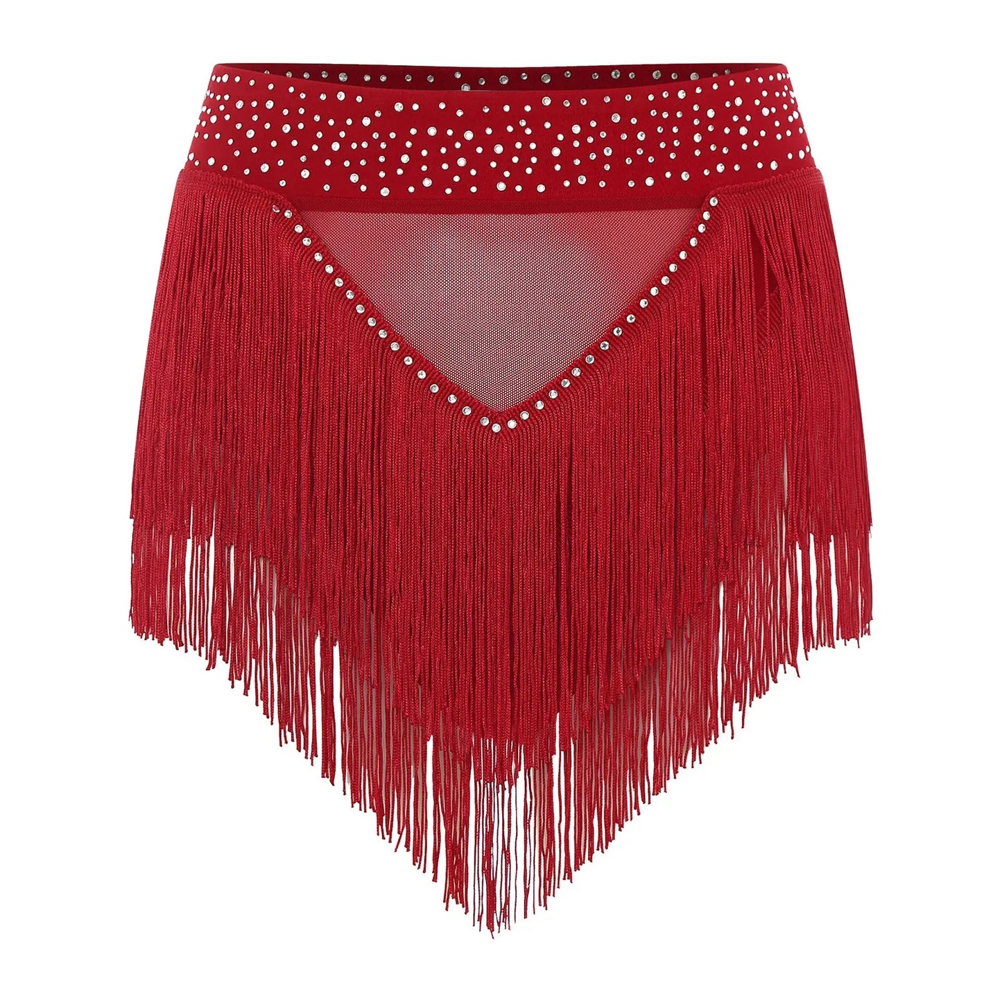 Womens Tassel Belly Dance Shorts Skirts Samba Fringe Latin Rumba Samba Tango Dancewear Shiny Rhinestone See Through Mesh Bottoms