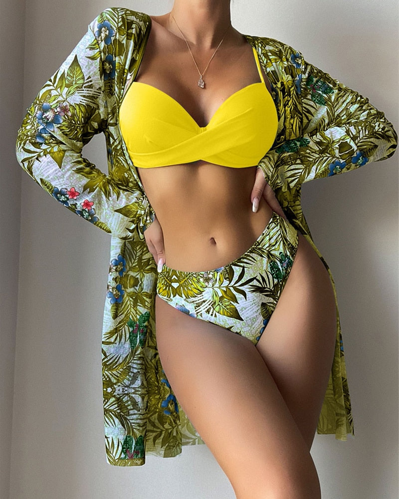 Floral Print Bikini Set Women Low Waist Twist Swimsuit Long Sleeve Cover Up Three Pieces 2023 Summer Beach Bathing Suit Swimwear