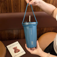 Stainless Steel Vacuum Insulated Coffee Mugs with Straw and Silicone Rope Portable Large Capacity Ice Bar Thermal Water Cup