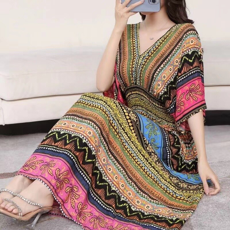 Summer Poplin Dresses Women Round Neck Puff Short Sleeve A Line Print Dresses Ethnic Style Tight High Waist Long Dress 2023