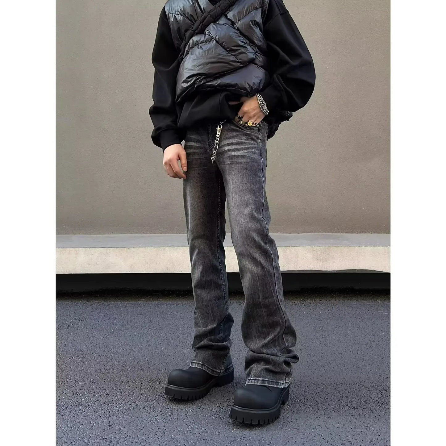 American high street washed black jeans for men stylish and straight cut slim fit elastic micro flared pants