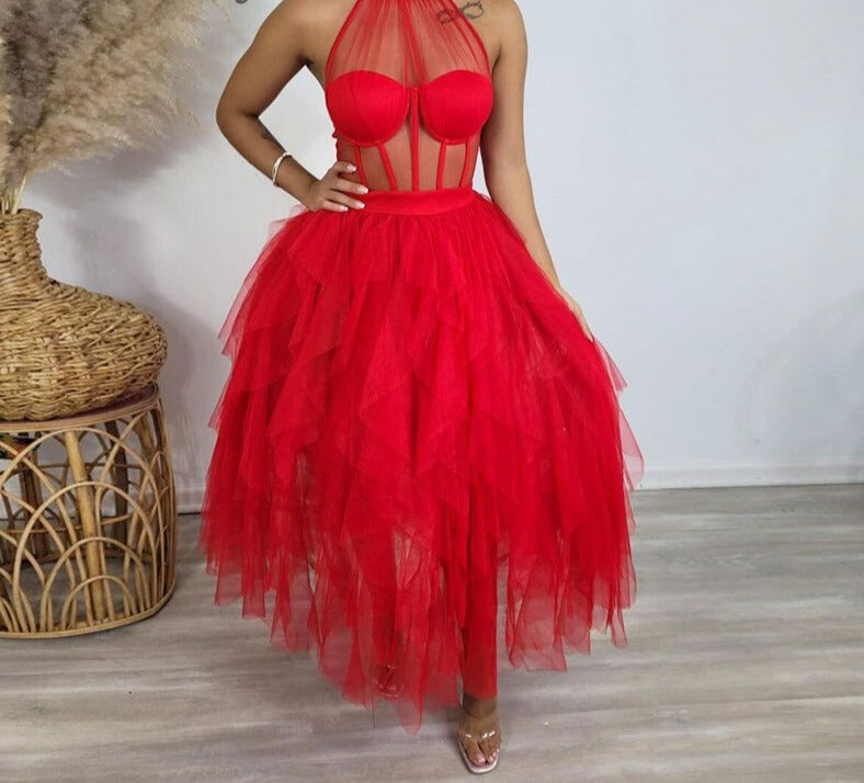 Women Sexy Solid Color See Through Mesh Patchwork Halter Backless Ruffles Decor Party Dress