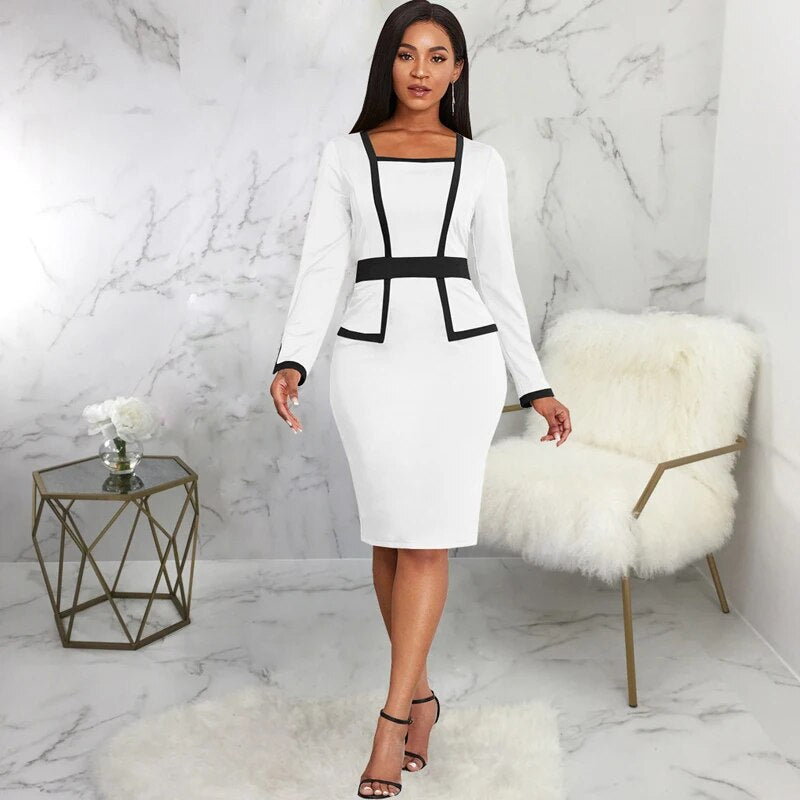 2022 Popular Women Elegant Office Work Church Dresses Fashion Long Sleeve Knee Length Formal Leisure Pencil Midi Dress