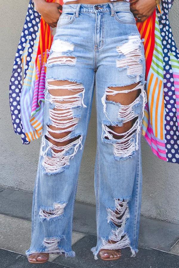 Hole Jeans for Women Ripped Straight Pants Mid Waist Distressed Washed Pockets Vintage Denims 2025 Streetwear Female Trousers