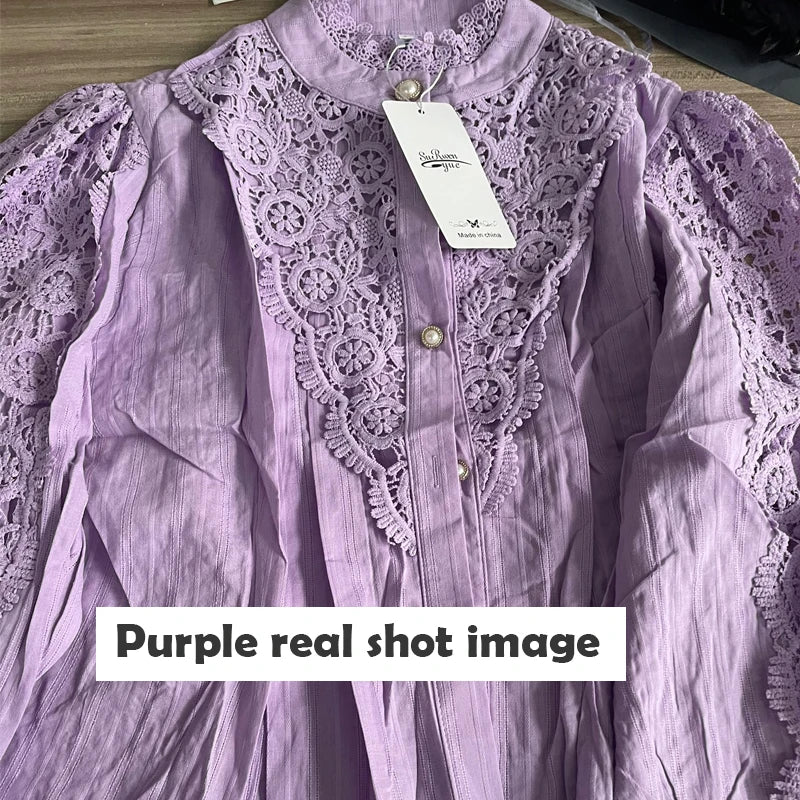 Shirt Women Blusas Mujer De Moda Office Lady Flower Blouse Spring Hollow Out Lace  Stand Collar Button Female Clothing 12419