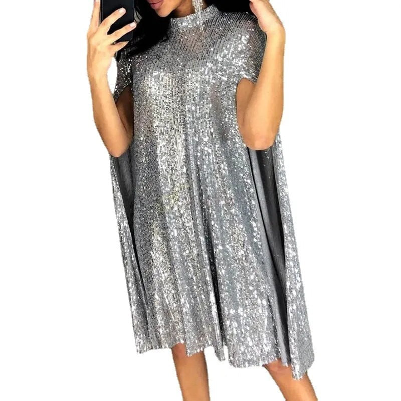 Plus Size XXL Sexy Party Sequin Glitter Dress Mock Neck Cape Design Sequins Cloak Sleeves Dresses Pink Black Gold Gray