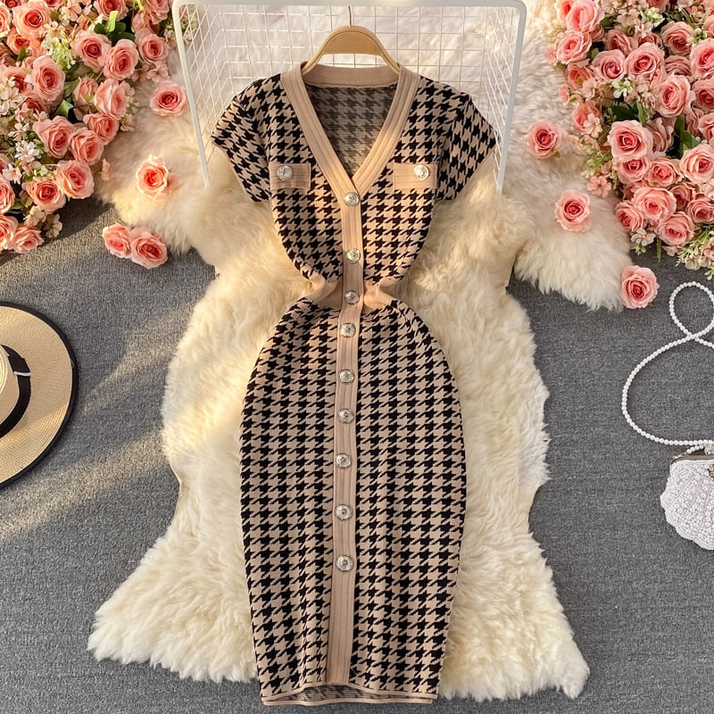 Sexy Elegant Temperament V-neck Hit Color Dress Office Lady Single-breasted Houndstooth Dress