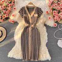 Sexy Elegant Temperament V-neck Hit Color Dress Office Lady Single-breasted Houndstooth Dress