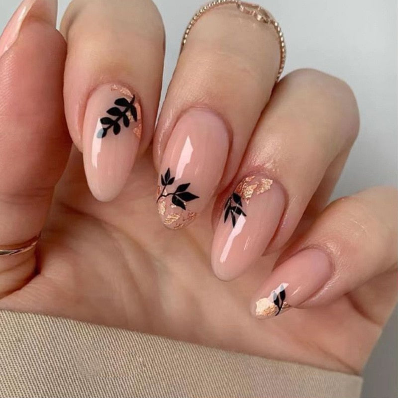 24Pcs Long Round Head Black Glod Line Press On Nail Art Removable Fake Nails With Glue Full Cover Waterproof False Nails