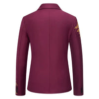 Metal-printed Men's Long-sleeved Suit Jacket, White V-neck Blazers, Wine Red Wedding Party Performance Coat.European Sizes M-3XL