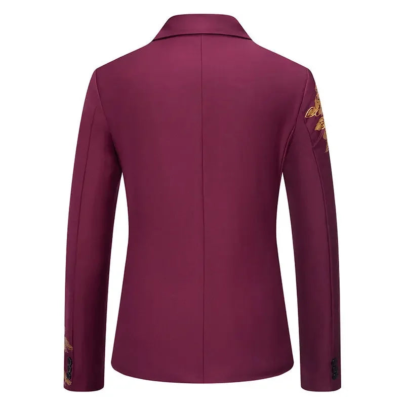 Metal-printed Men's Long-sleeved Suit Jacket, White V-neck Blazers, Wine Red Wedding Party Performance Coat.European Sizes M-3XL